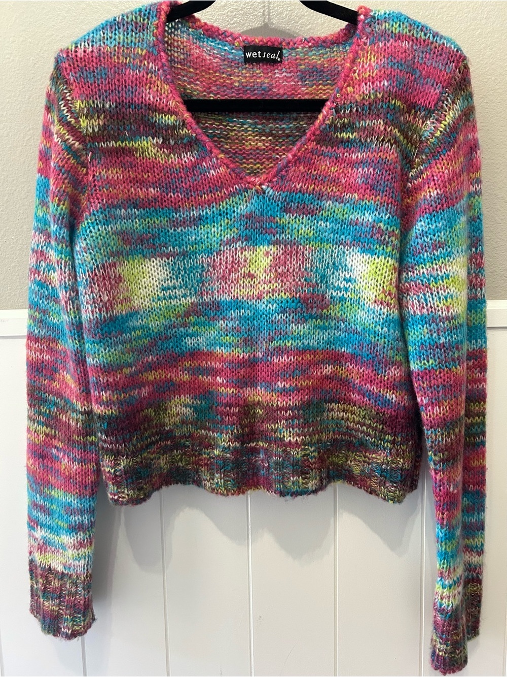 Y2K Wet Seal Colorful Lightweight Rainbow Multicolor Fuzzy Knit Cropped Sweater